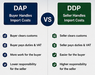 Visual comparison between DDP and DAP shipping responsibilities in international logistics