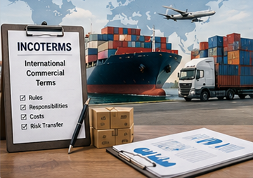 International trade operations showing shipping containers transport documents and global logistics coordination